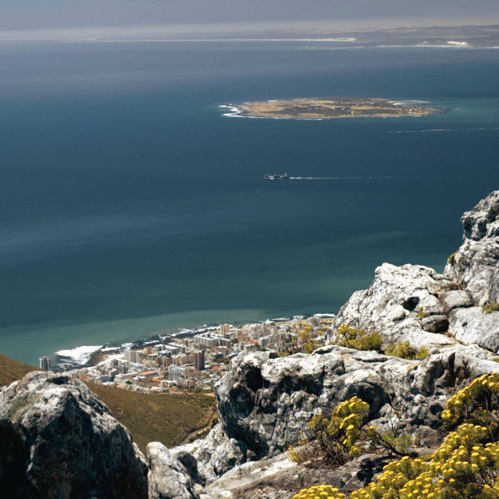 View of Robben Island from Table Mountain, Cape Town, South Africa