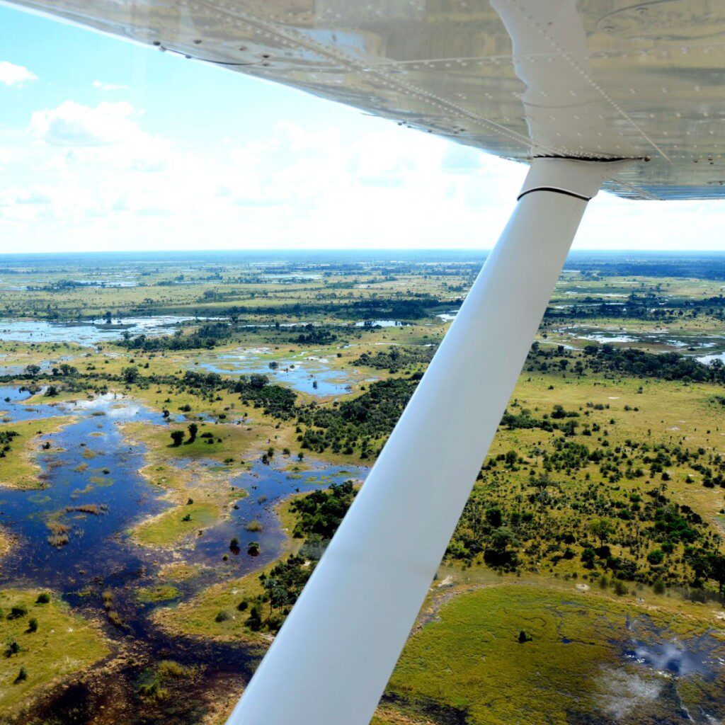 An aerial view of Botswana’s iconic landscapes during a flying safari adventure.